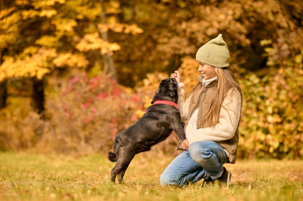 A cute girl playing with her dog in the park